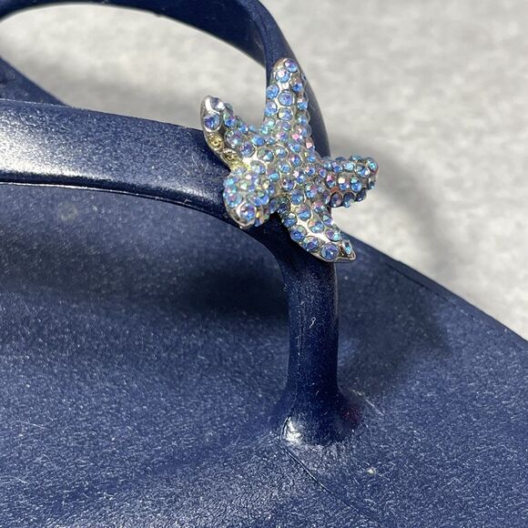 Oka-B Joy‎ Wedge Sandals Womens Large Navy Blue Starfish Sparkle Thong Flip Flop - Picture 13 of 15